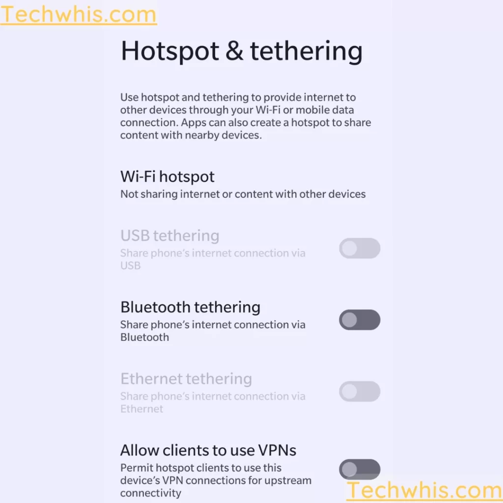 hotspot & tethering menu